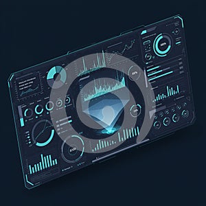Futuristic digital interface display featuring multiple data visualizations, including