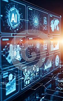 Futuristic Digital Interface Display Showing Artificial Intelligence Data Analysis.