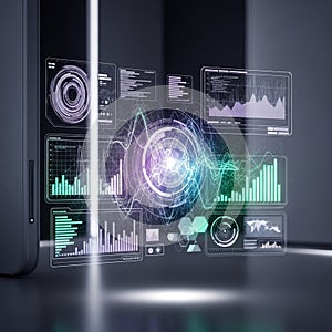 A futuristic digital interface is displayed,