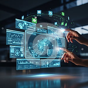 A futuristic digital interface is displayed