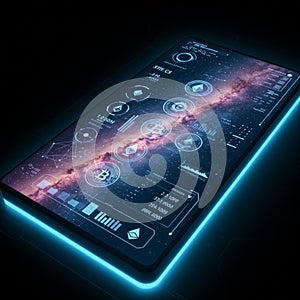Futuristic digital interface displayed on a large tablet or screen, featuring
