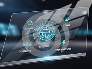 Digital interface screen with icons for navigation and data transfer