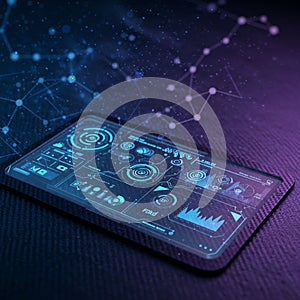 Futuristic digital interface displayed on a tablet-like device. The screen features