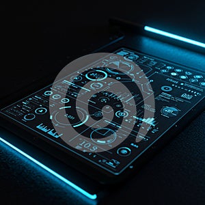 A futuristic digital interface displayed on a tablet screen features various data