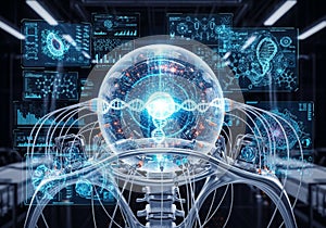 A futuristic digital interface displaying an AI core represented by a