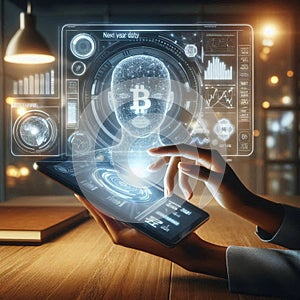 Futuristic Digital Interface Displaying Bitcoin and Financial Data