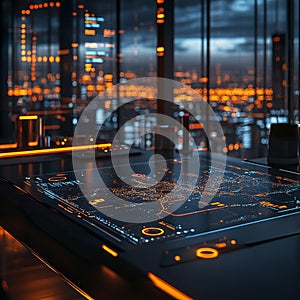 Futuristic Digital Interface Displaying City Map and Data Analysis.