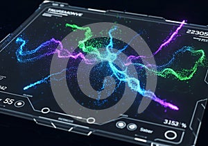 A futuristic digital interface displaying colorful,