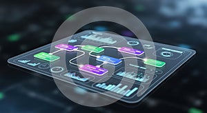 Futuristic digital interface displaying complex data flow and network connections with vibrant glowing elements