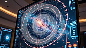 Futuristic digital interface displaying complex data visualization with circular patterns