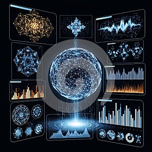 Futuristic digital interface displaying complex data visualization