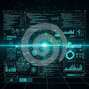 Futuristic digital interface displaying complex data visualizations
