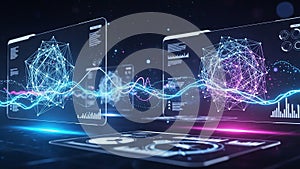 Futuristic digital interface displaying complex data visualizations and network connections technology