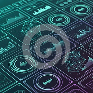 Futuristic digital interface displaying complex data visualizations and network structures