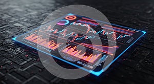 Futuristic digital interface displaying complex data visualizations. The screen shows
