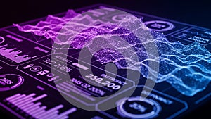 Futuristic digital interface displaying complex data visualizations with vibrant purple and blue glowing graphs