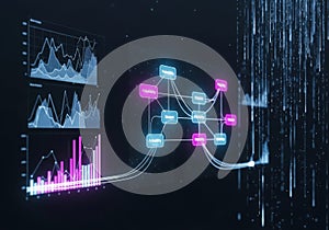 Digital flowchart and data analytics visualization with glowing nodes on dark background