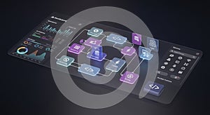 Futuristic digital interface displaying complex network connections and data visualizations