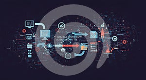 Futuristic digital interface displaying a complex workflow automation concept.