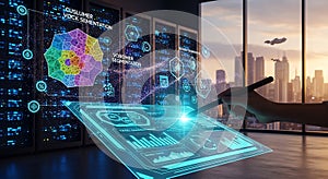 Futuristic digital interface displaying customer segmentation and data analytics in server room