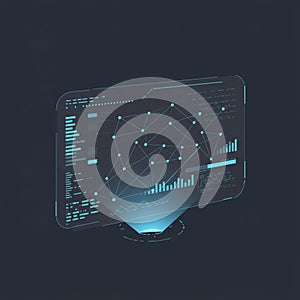 Futuristic digital interface displaying data analysis visualizations. Features