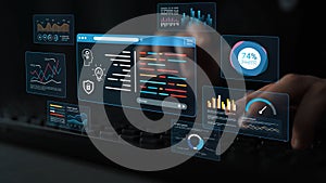 Futuristic Digital Interface Displaying Data Analytics with Charts, Graphs, and Code on a Keyboard Background for