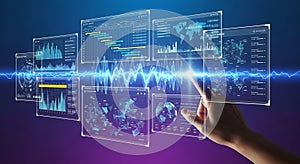 Futuristic digital interface displaying data analytics, charts, and world map visualizations