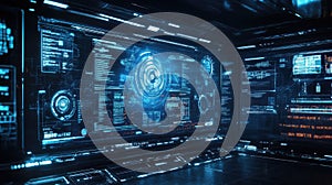 Futuristic digital interface displaying data and analytics in dark server room