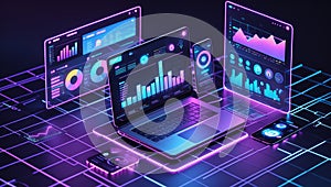 Futuristic digital interface displaying data analytics on multiple devices for business insights