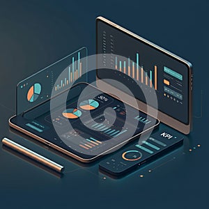 Futuristic digital interface displaying data analytics on multiple screens. Includes bar
