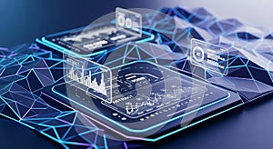 Futuristic digital interface displaying data analytics and network connections on a glowing grid