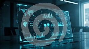 Futuristic digital interface displaying data analytics with various charts and graphs,