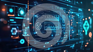 Futuristic digital interface displaying data, charts, and analytics