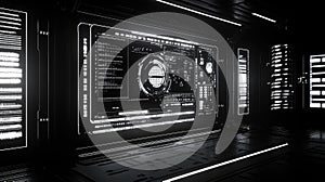 Futuristic digital interface displaying data on a dark control room screen