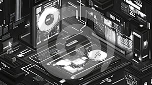 Futuristic digital interface displaying data and technology concepts