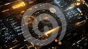 Futuristic digital interface displaying data visualization network