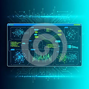Futuristic digital interface displaying data visualizations and AI algorithms