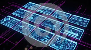 Futuristic digital interface displaying data visualizations and analytics with glowing blue elements