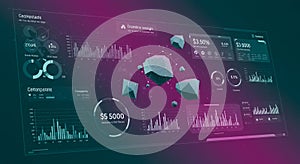 Futuristic digital interface displaying data visualizations, including bar graphs, pie