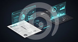 Futuristic digital interface displaying data visualizations, including bar graphs, pie
