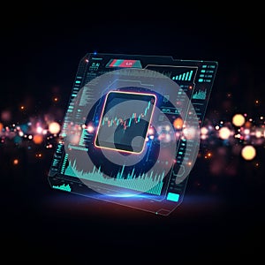 Futuristic digital interface displaying dynamic charts and graphs, surrounded by