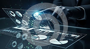 Futuristic digital interface displaying financial data, analytics, and network connections