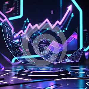 Futuristic digital interface displaying floating holographic screens with graphs and data visualizations