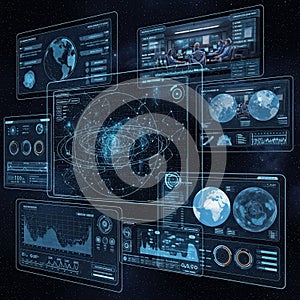 Futuristic Digital Interface Displaying Global Data and Analytics