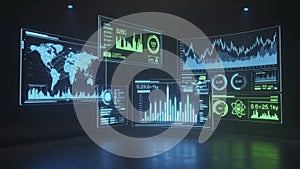 Futuristic Digital Interface Displaying Global Data and Business Analytics