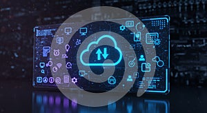 Futuristic digital interface displaying a glowing cloud icon with up and down arrows,