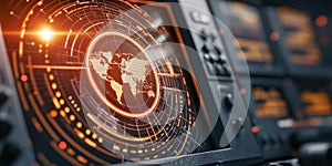 futuristic digital interface showing a glowing world map with circular data visualizations.