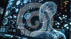 Futuristic digital interface displaying a human brain scan and medical analysis. High-tech, cutting-edge visualization in