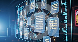 Futuristic digital interface displaying interconnected data nodes on a holographic screen