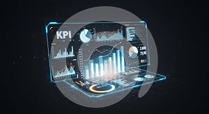 Futuristic digital interface displaying key performance indicators (KPIs). Features